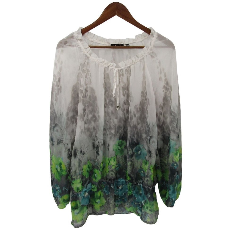 FYLO Floral‎ Sheer Blouse Womens Sz L Long Sleeve Multicolor Peplum Hem Boho